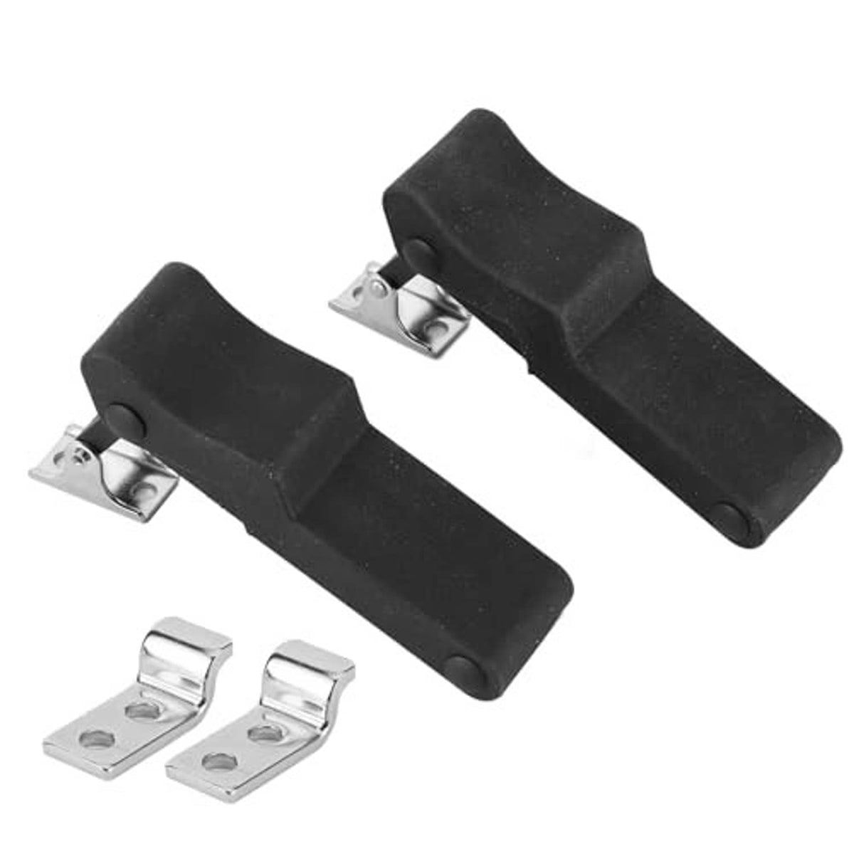 Black rubber latch handles with stainless steel mounting bases and keepers