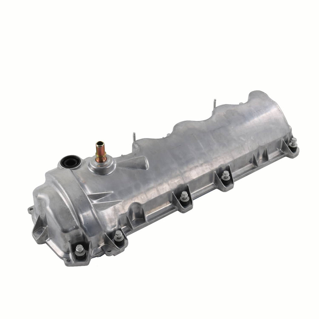 Left engine valve cover assembly, metallic gray with valve cover rail and bolts