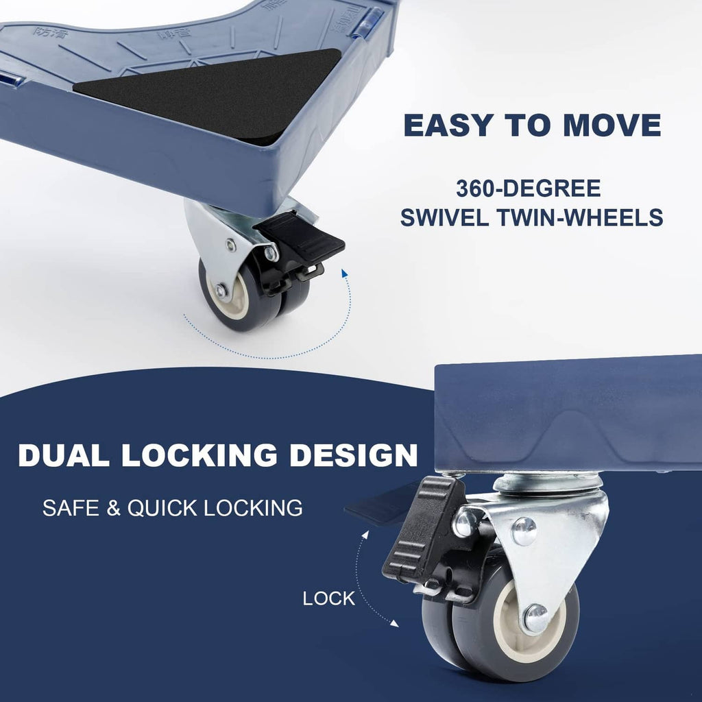 Blue dolly with twin swivel wheels and dual-locking design on the corner supports