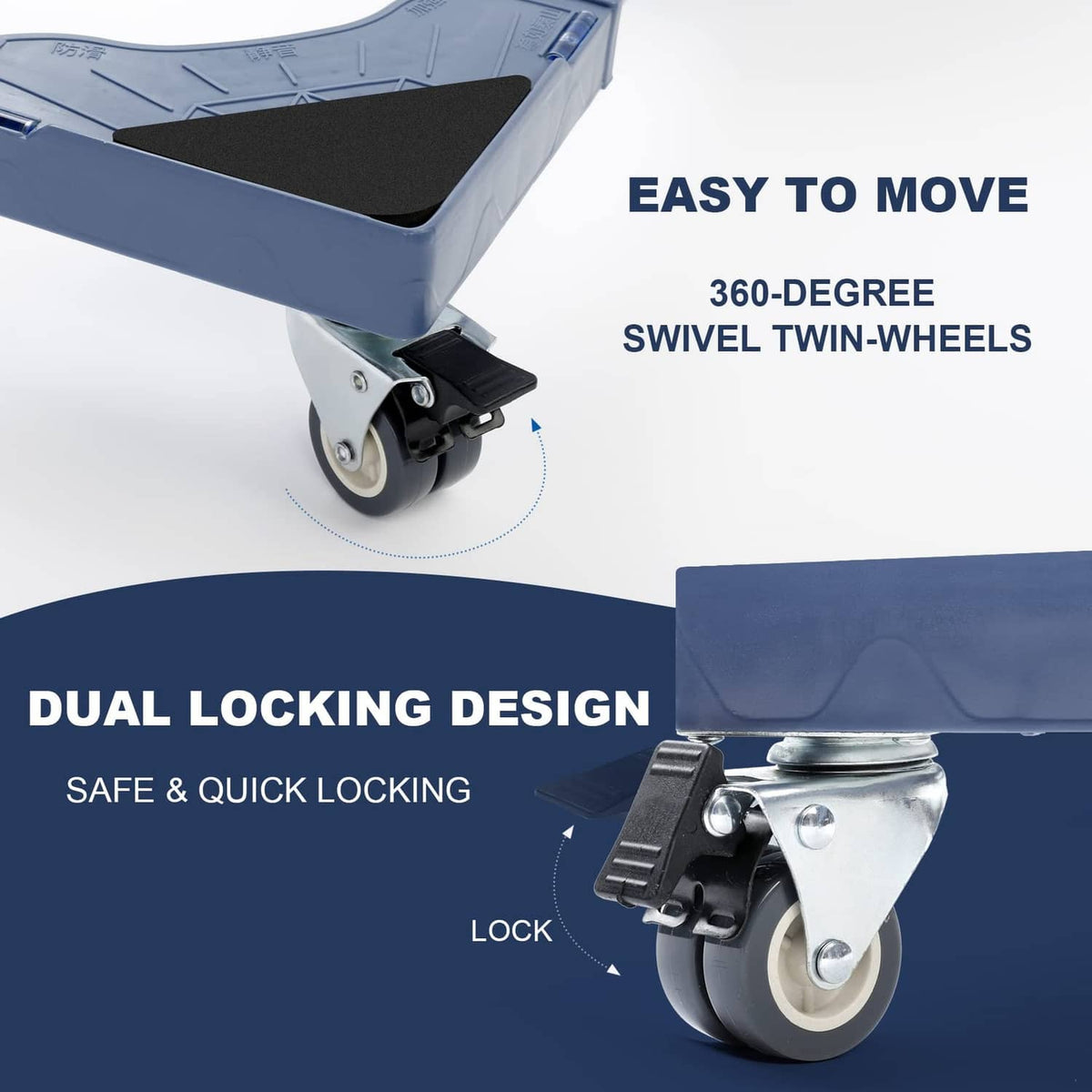 Blue dolly with twin swivel wheels and dual-locking design on the corner supports