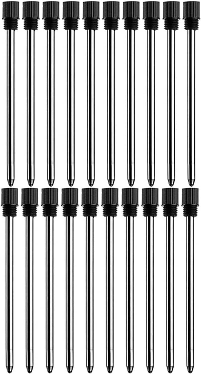 Ballpoint pen refills with black caps and silver shafts, three rows of multiple tips