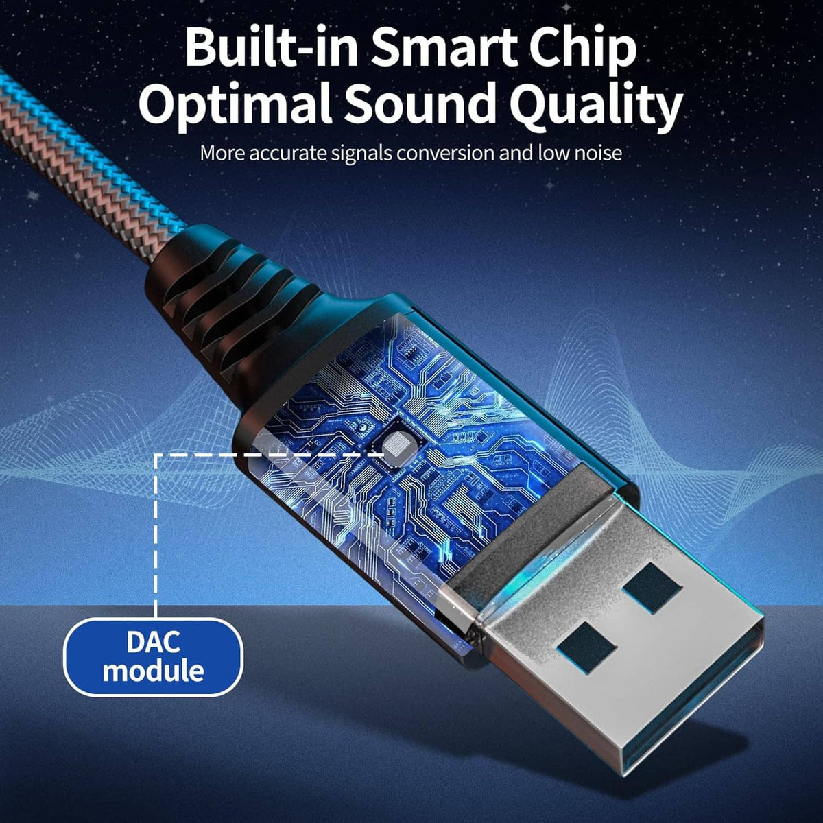 USB-A to 3.5mm audio adapter with visible internal circuitry and braided cable
