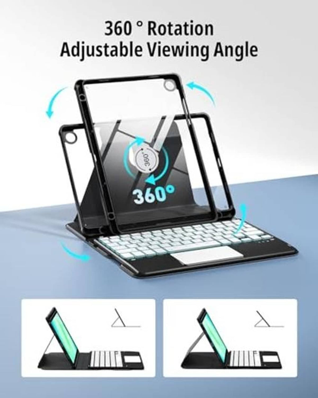 Tablet keyboard case with 360° rotating hinge for adjustable viewing angles