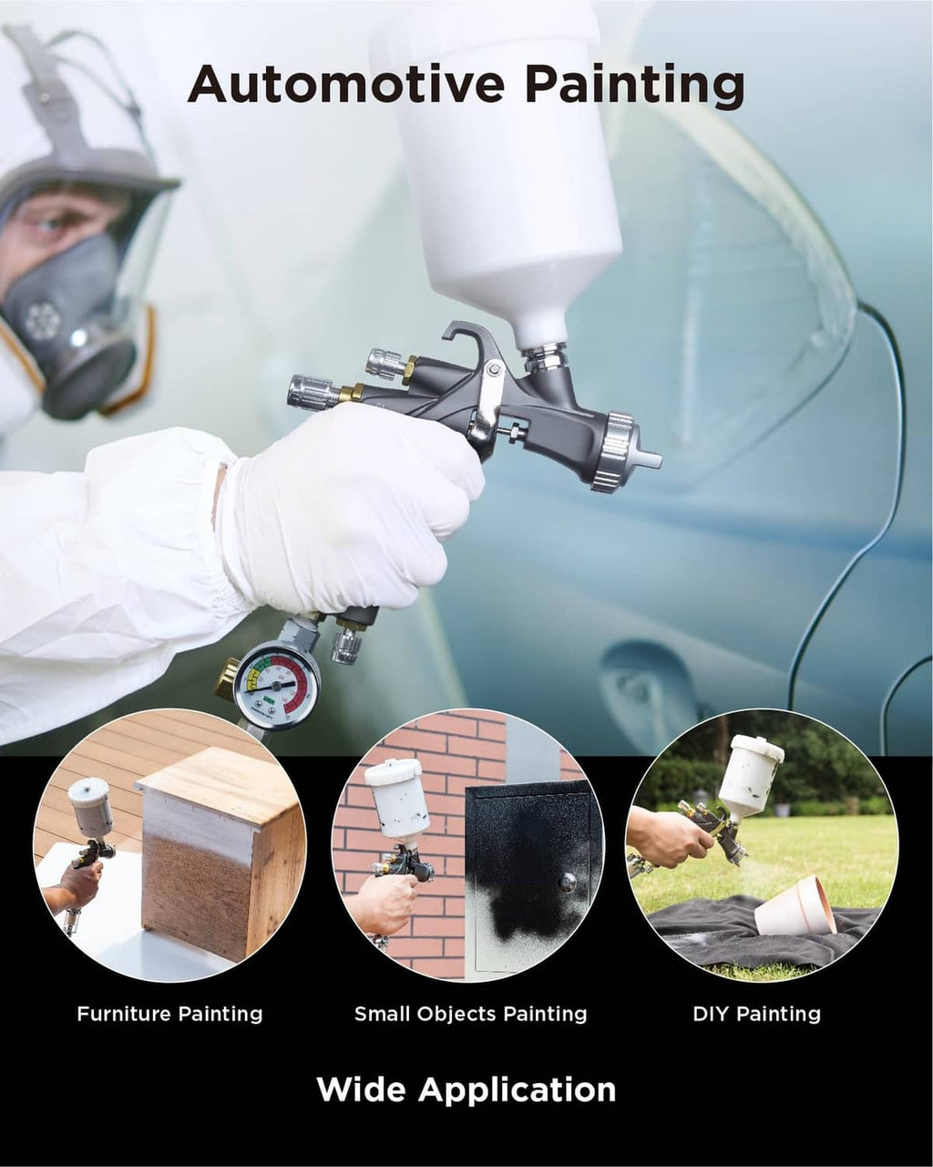 Air spray gun with white paint cup spraying mist while held by gloved hand