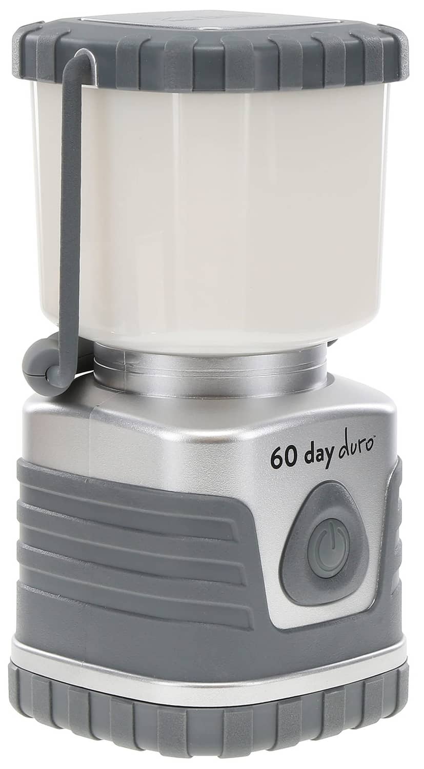 Portable LED lantern with white diffuser, gray control panel, and hanging loop