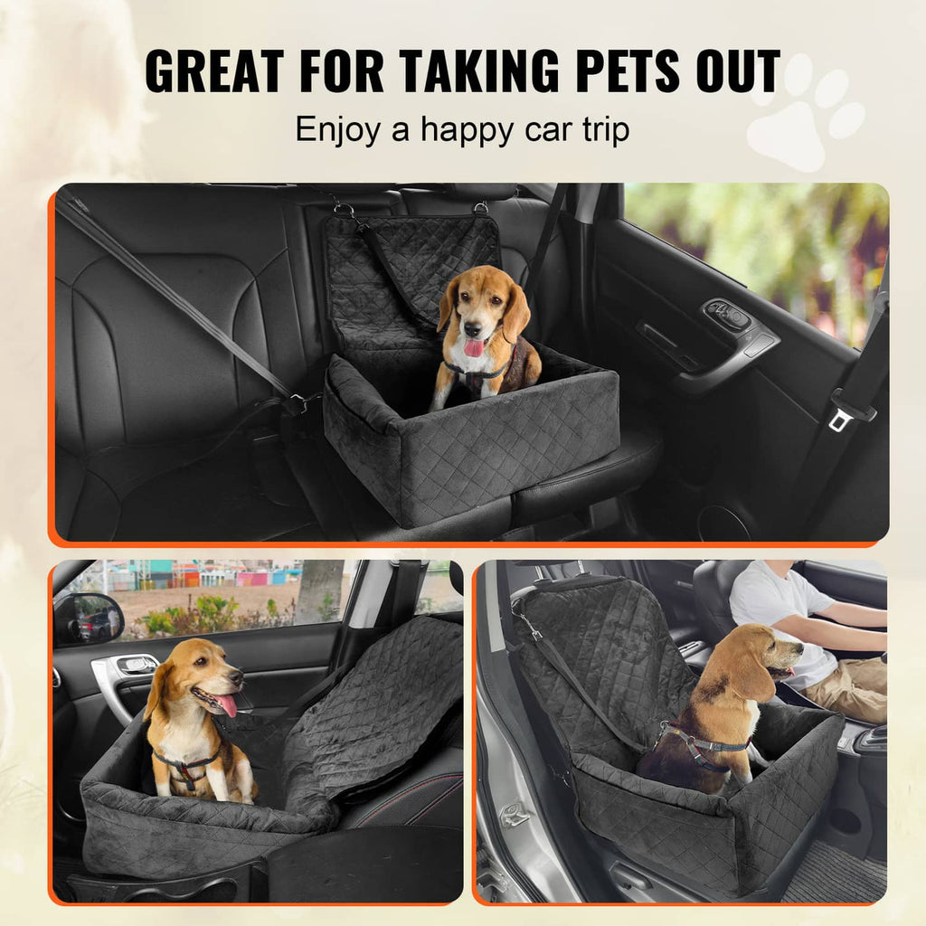 Black dog booster car seat in car back seat, quilted enclosure for a small to medium dog