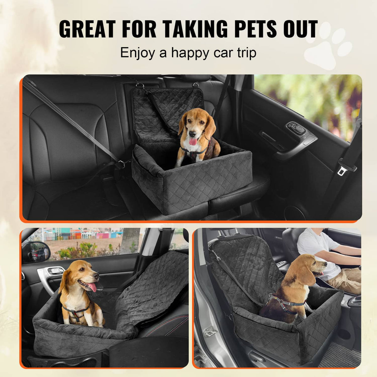 Black dog booster car seat in car back seat, quilted enclosure for a small to medium dog