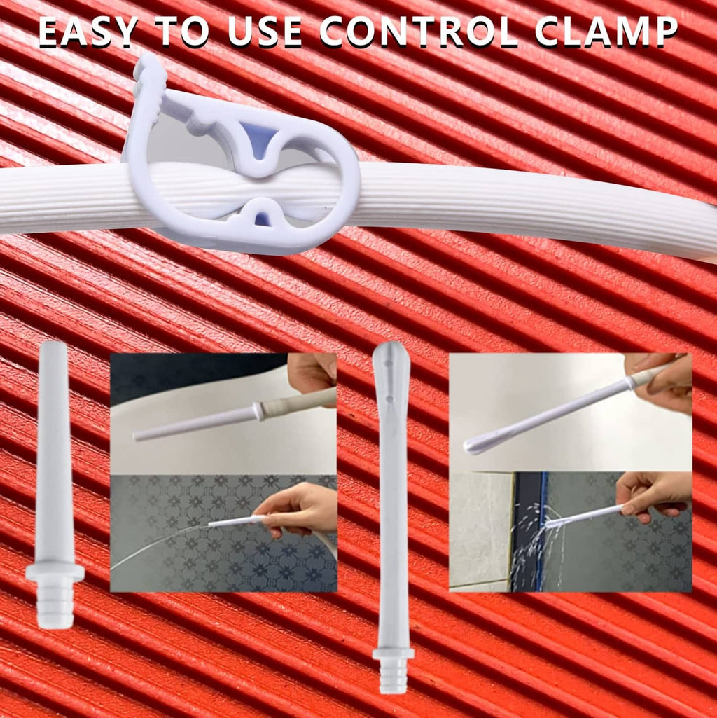 White flow-control clamp on enema hose with included tubing and nozzle tips