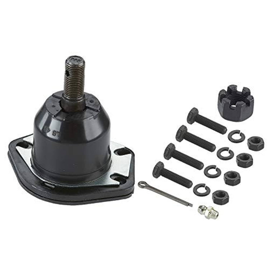 Front upper suspension ball joint with threaded stud and mounting base, with bolts and clips