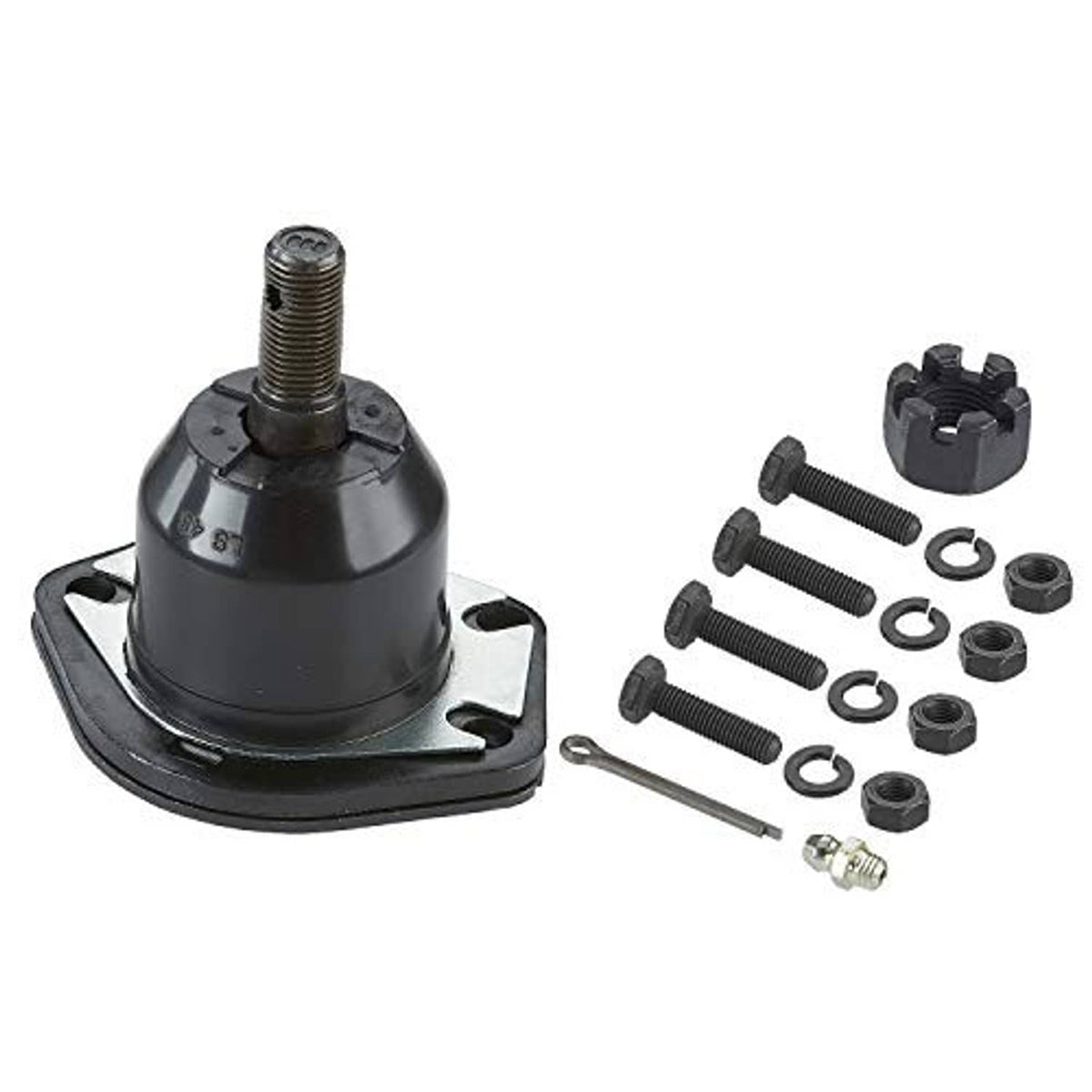 Front upper suspension ball joint with threaded stud and mounting base, with bolts and clips