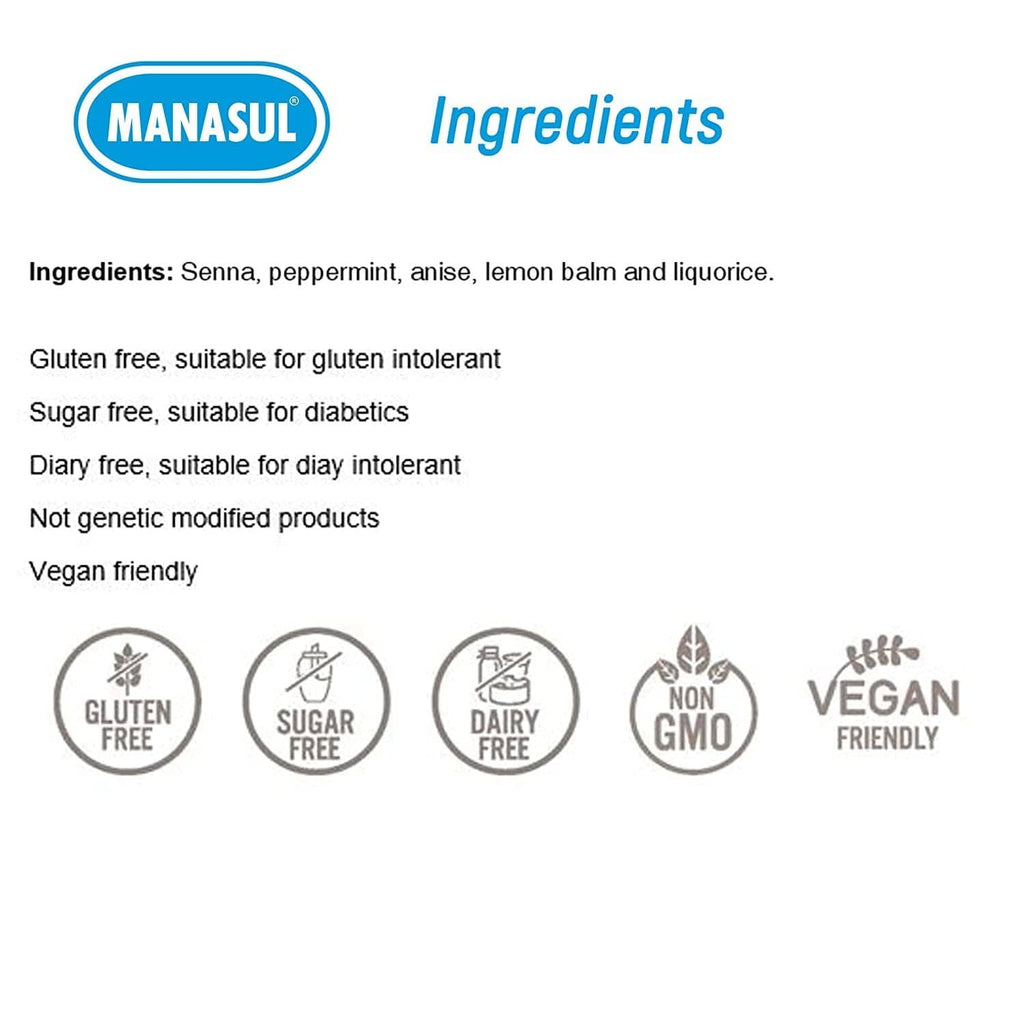 Herbal tea ingredients panel with gluten-free, sugar-free, dairy-free, non-GMO, vegan icons