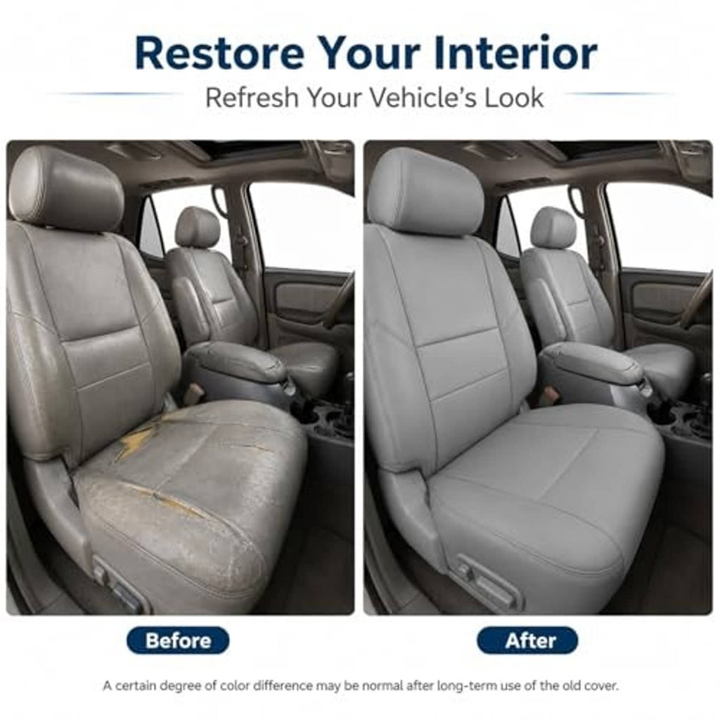 Installed gray front seat bottom and back replacement covers in a vehicle interior