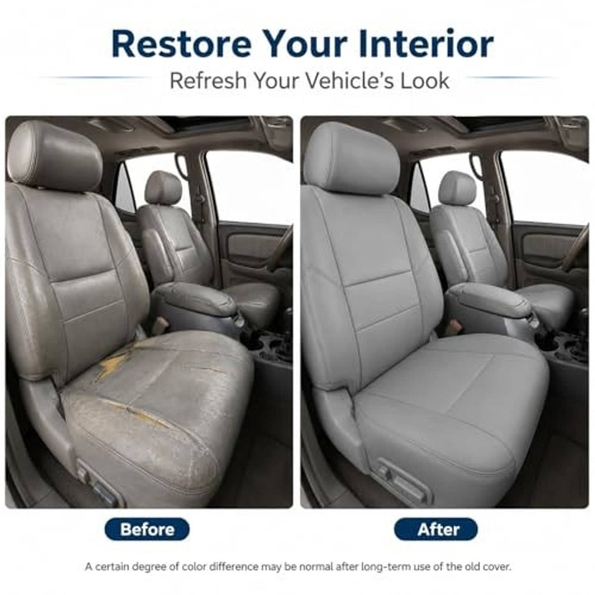 Installed gray front seat bottom and back replacement covers in a vehicle interior