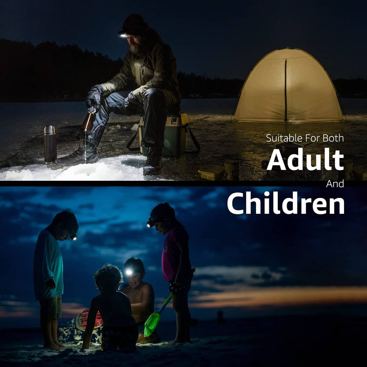 Rechargeable headlamp worn for camping at night, front light shining