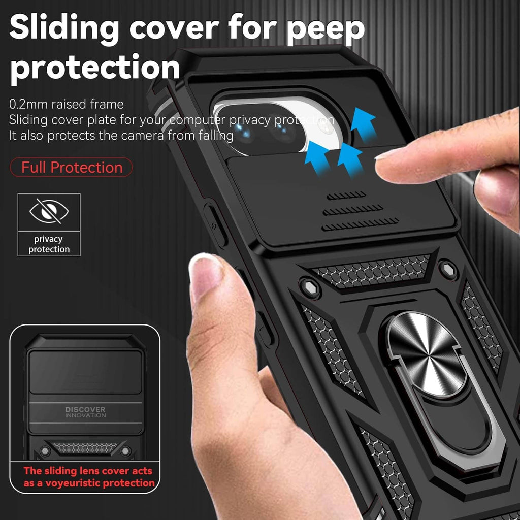 Black phone case with sliding camera cover and raised privacy window