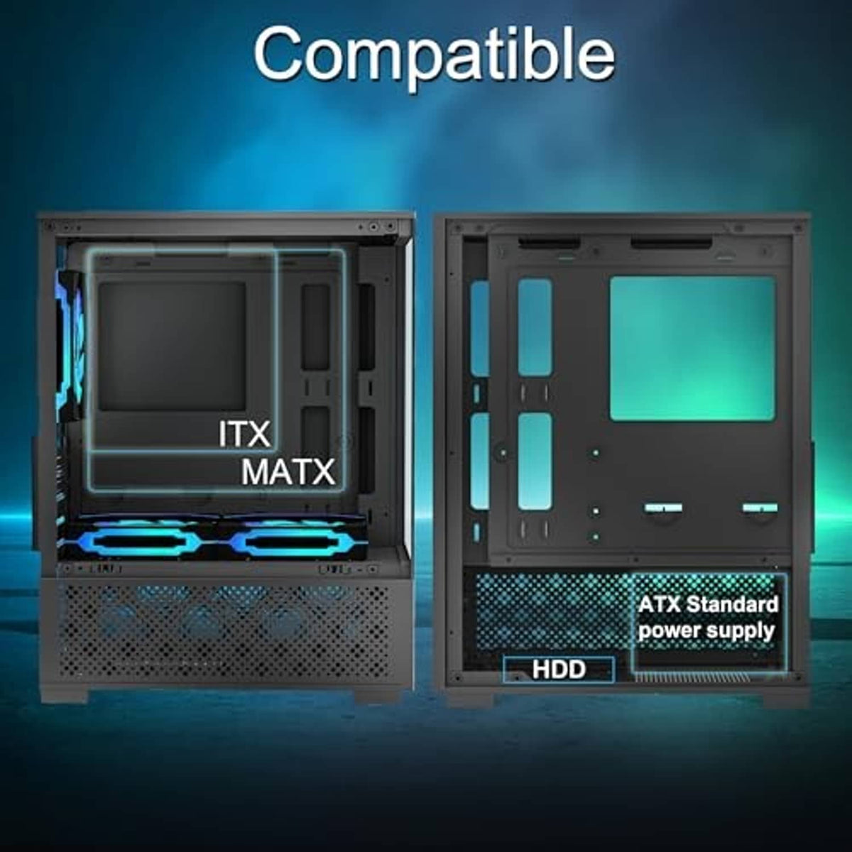 Black PC case with open frame showing motherboard mounting and drive bays