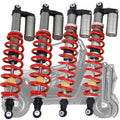 Polaris RZR shocks absorbers set with silver cylinders, red springs, and black mounting tops