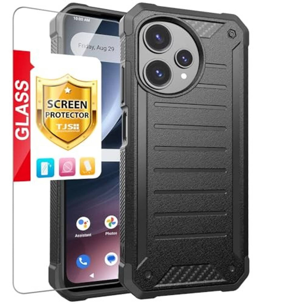 Black rugged phone case with camera bezel and screen protector included, front and back.