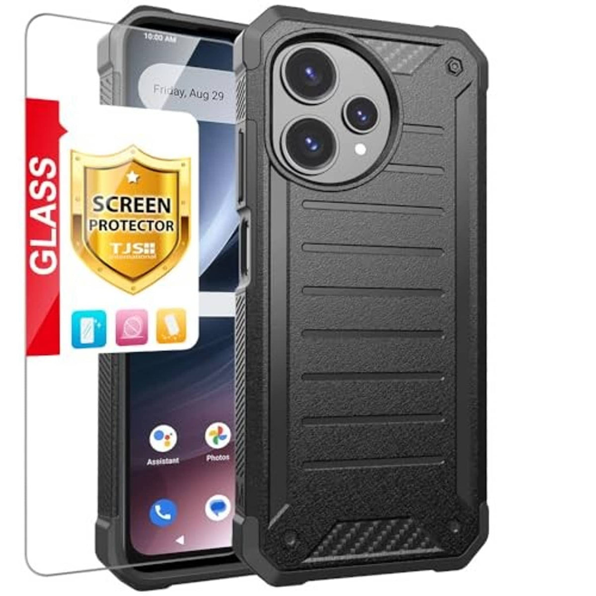 Black rugged phone case with camera bezel and screen protector included, front and back.