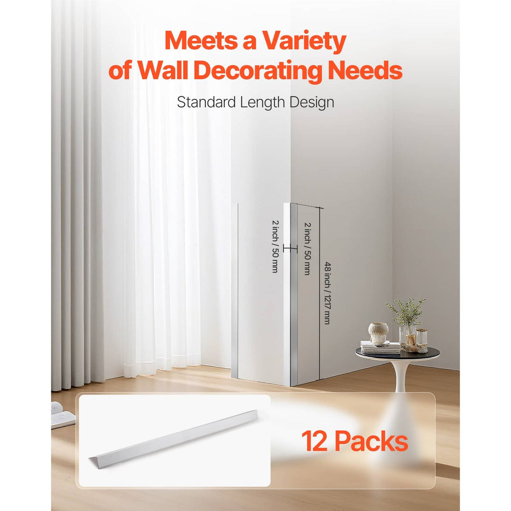 Silver aluminum corner guard for wall edges, shown installed on an inside corner