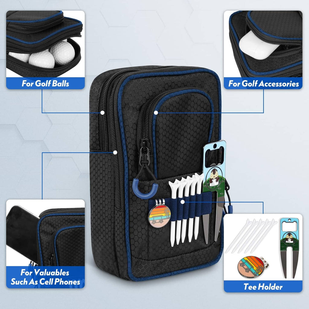 Black golf ball pouch with front organizer pockets, blue trim, zipper access