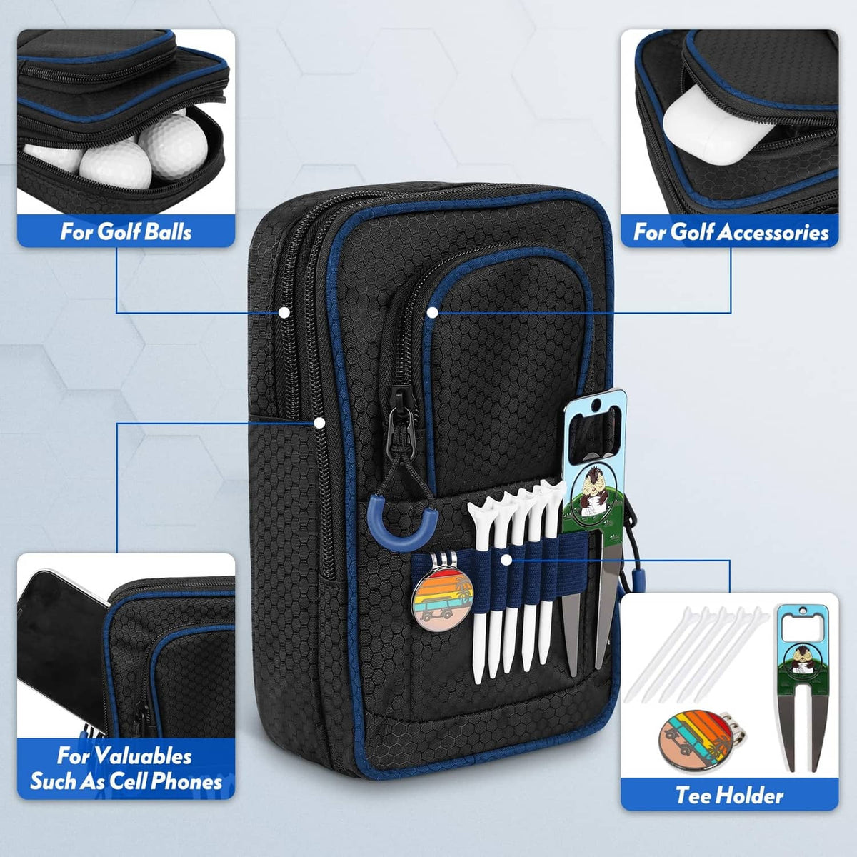 Black golf ball pouch with front organizer pockets, blue trim, zipper access