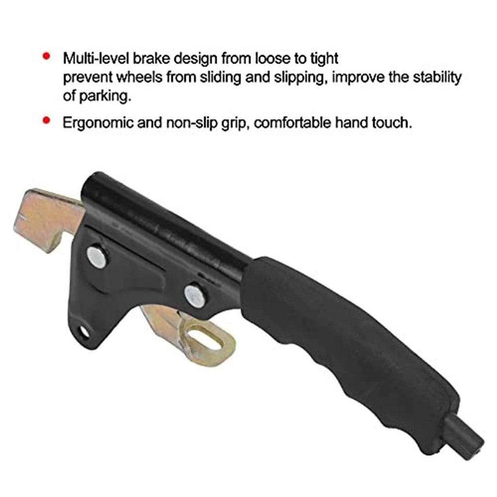 Parking brake lever with black rubber grip and metal bracket mounting holes