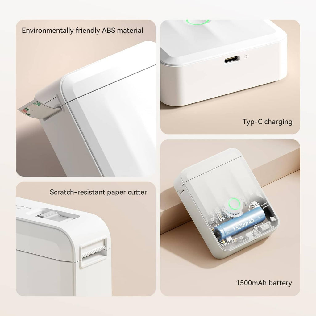 White rechargeable thermal label maker with USB-C port and built-in battery
