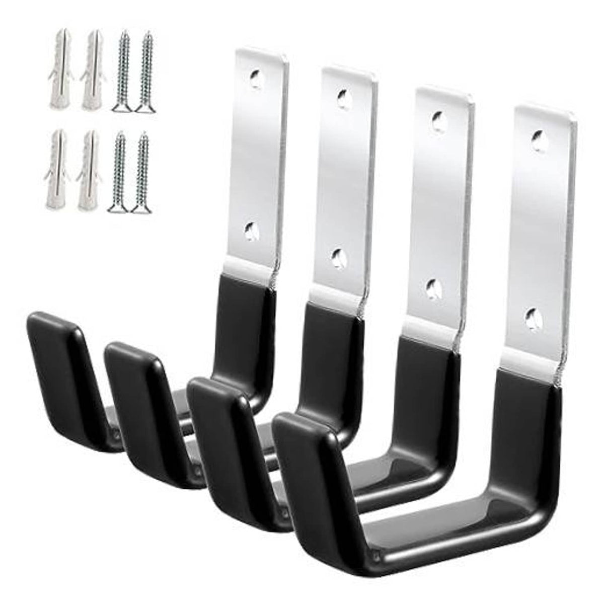 Set of 4 steel garage hooks with black anti-slip PVC pads and mounting plates