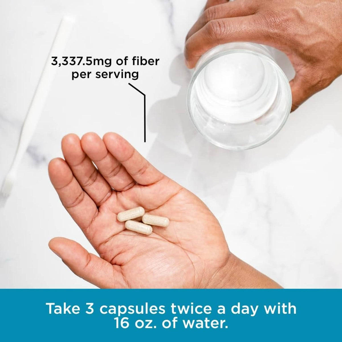 Psyllium fiber supplement capsules in hand with stay ready bottle, 3,337.5 mg per serving