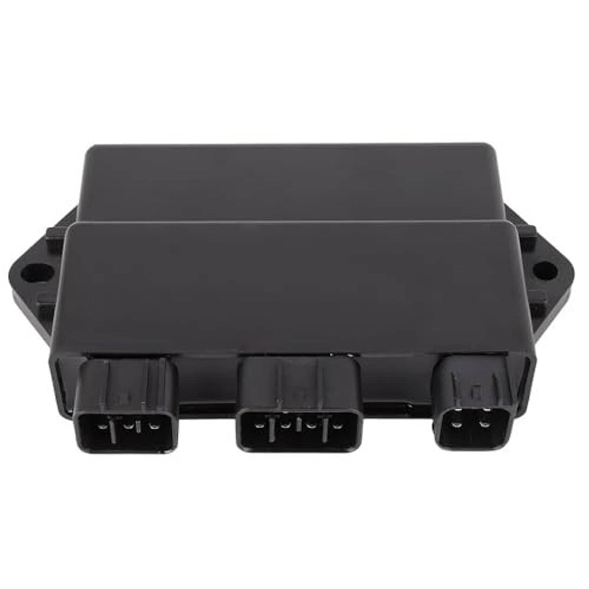 Black ignition control module box with multiple plug terminals and side mounting tabs