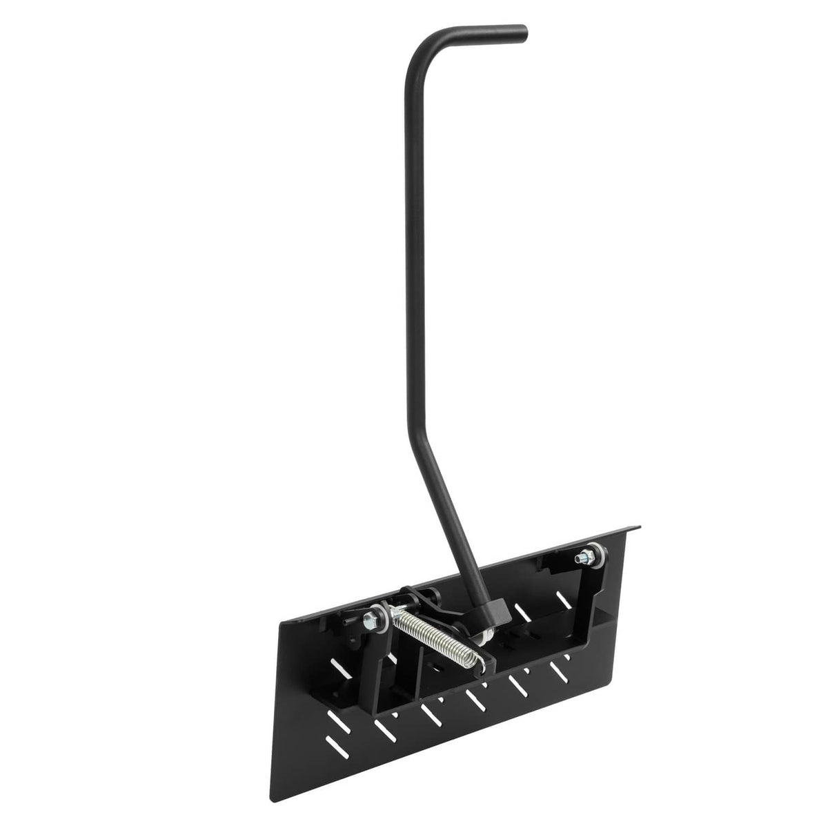 Black chute blocker plate with adjustment pin and metal mounting bracket