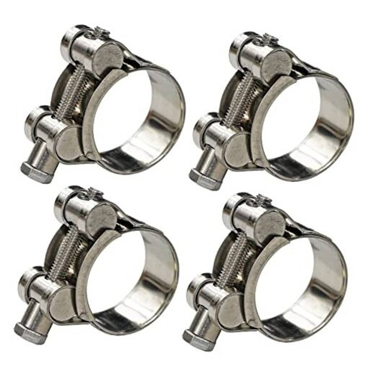Set of four stainless steel T-bolt hose clamps with screw bolt and threaded band