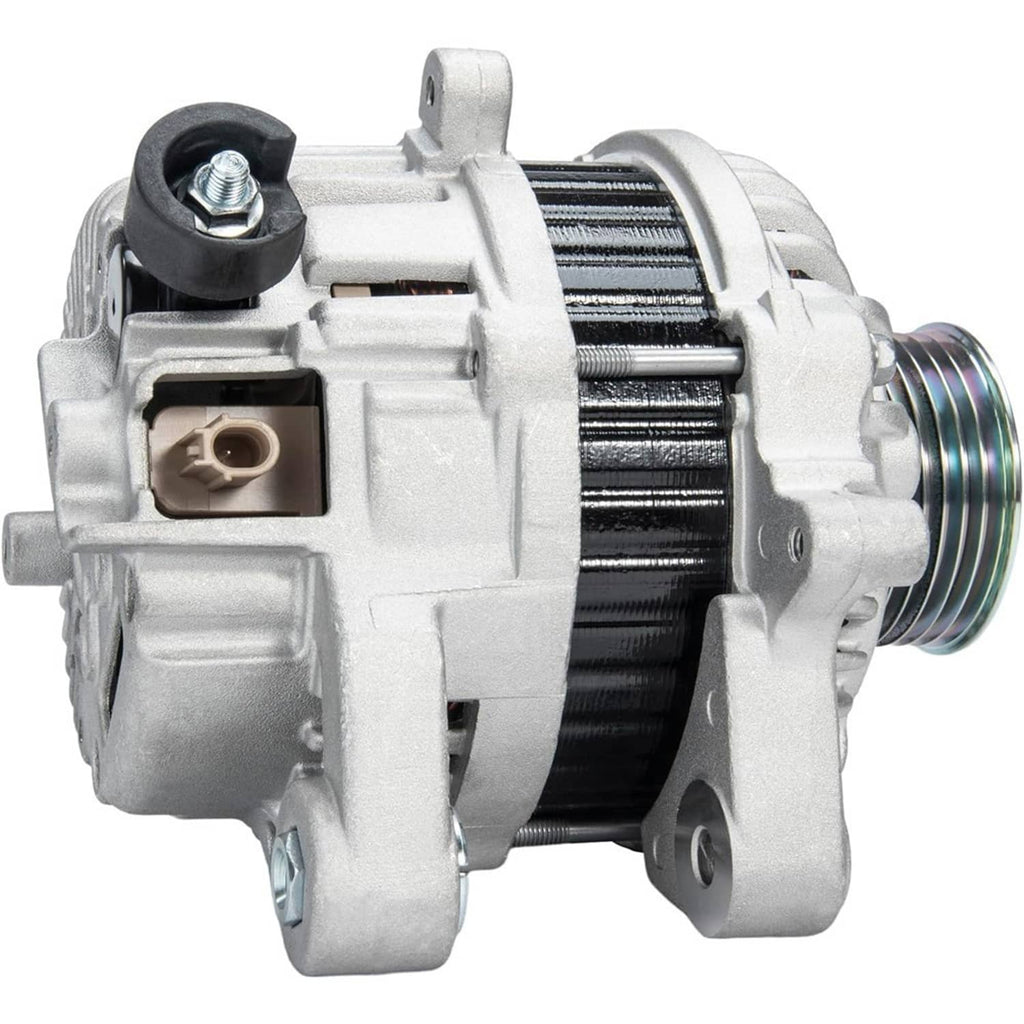 12V 95A alternator with electrical plug port and black battery terminal post, side view