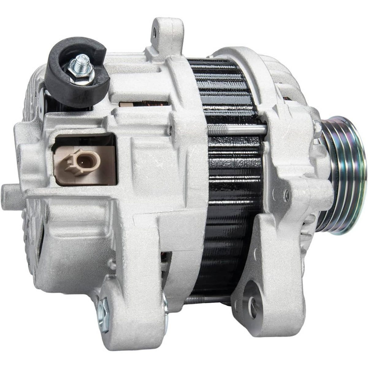 12V 95A alternator with electrical plug port and black battery terminal post, side view