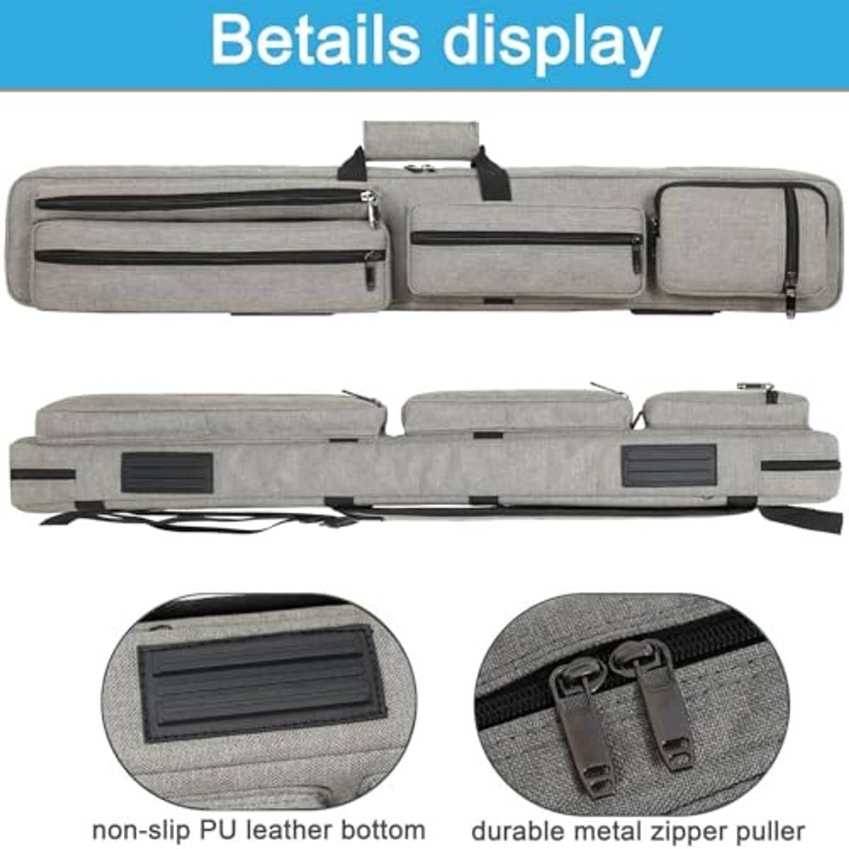 Gray pool cue case with non-slip bottom and durable metal zipper pulls