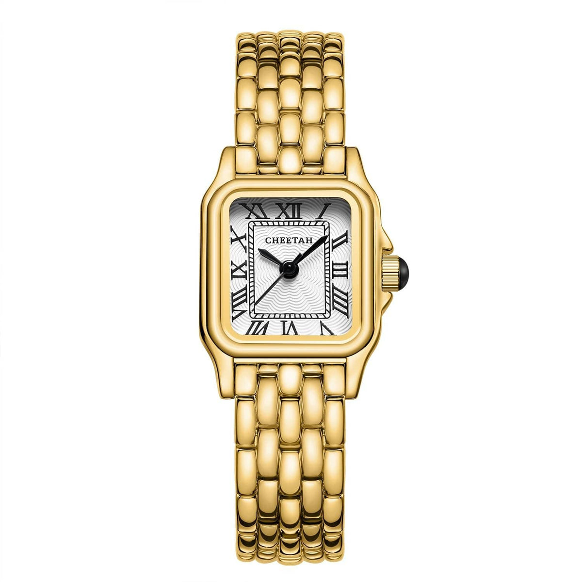 Gold-tone square wristwatch with bracelet links and white Roman numeral dial
