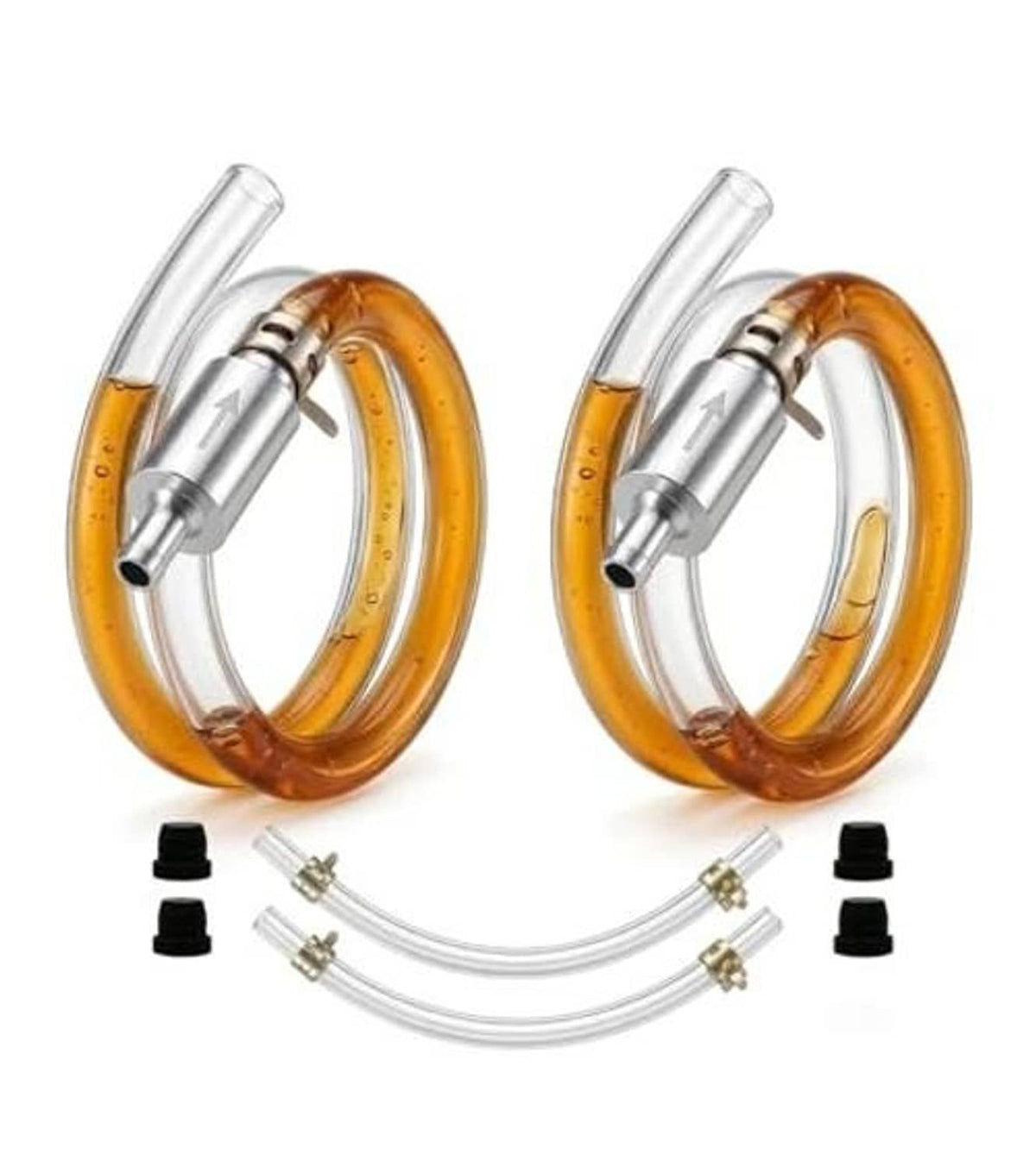 Brake bleeder hoses with two one-way check valves, amber loops, and black cap accessories