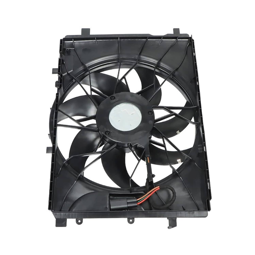 Mercedes-Benz radiator cooling fan with black blades, square frame, and colored wire connector