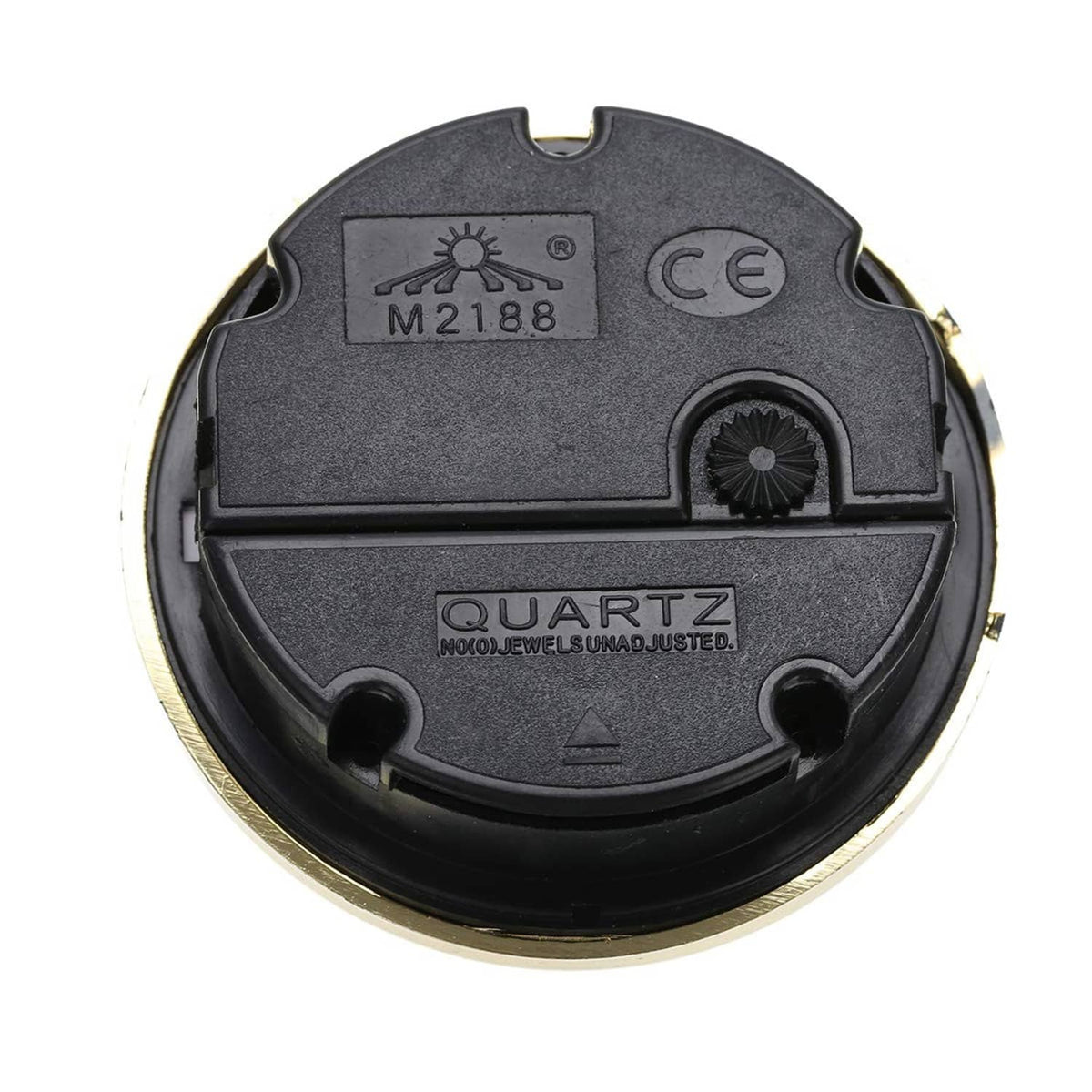 Round gold clock movement back cover with quartz label and adjustment dial, black plastic housing
