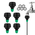 Garden hose drip tubing connector set with metal 90° valve, black caps and green seals