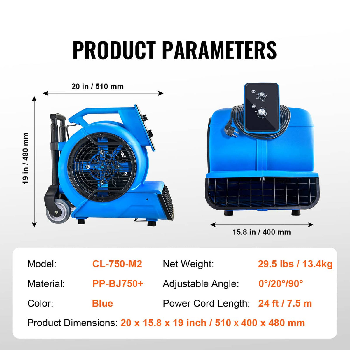 Blue floor blower with black front fan grille and top control panel; product diagram view