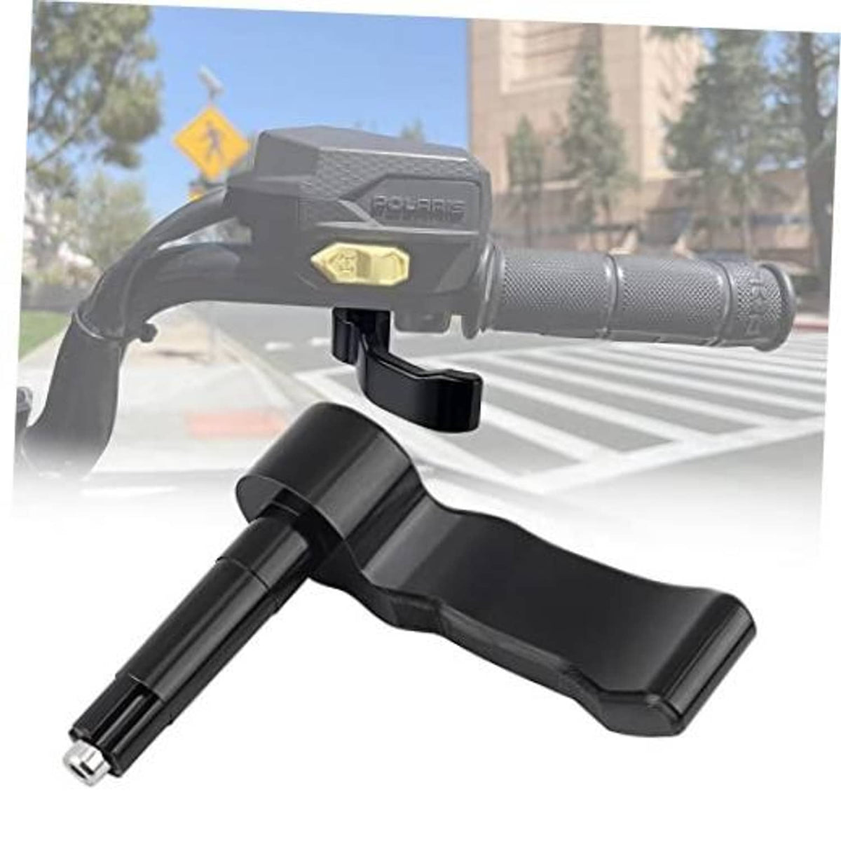 Black ATV thumb throttle lever with mounting shaft and metal bolt