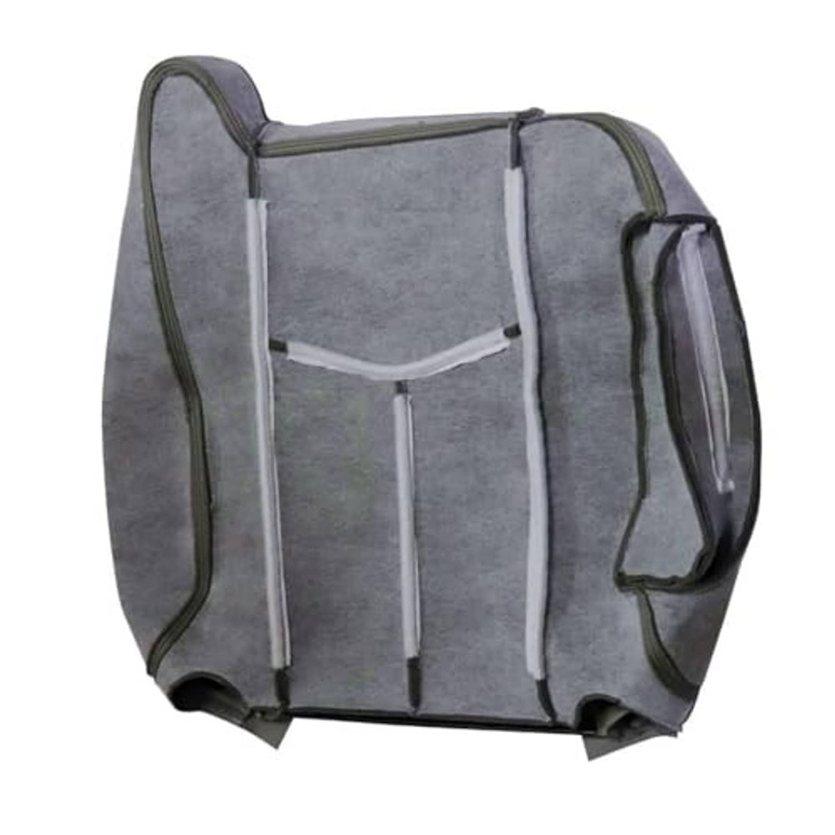 Gray seat cover with stitched panels and side handle, padded bucket-style