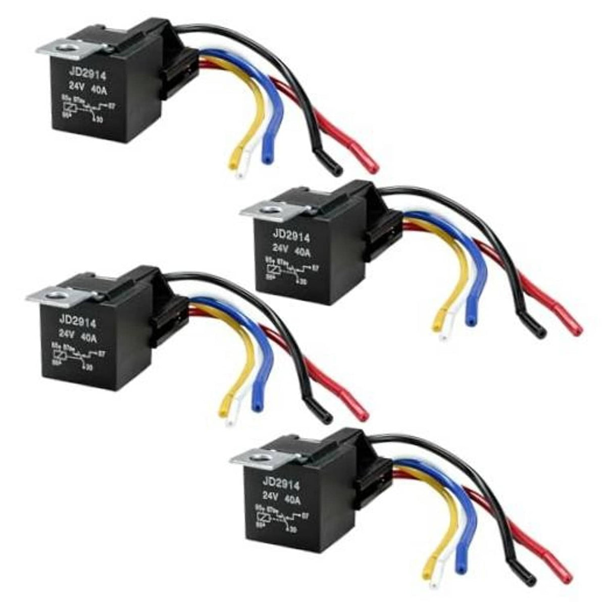 4-pack 24V automotive relay harnesses with five-pin SPDT relays and color-coded wires