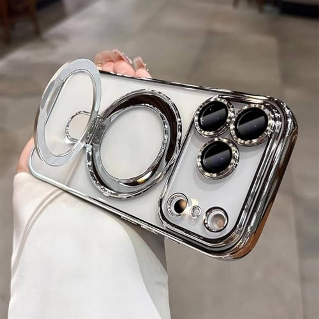 Silvery transparent iPhone case with magnetic ring holder and raised camera openings