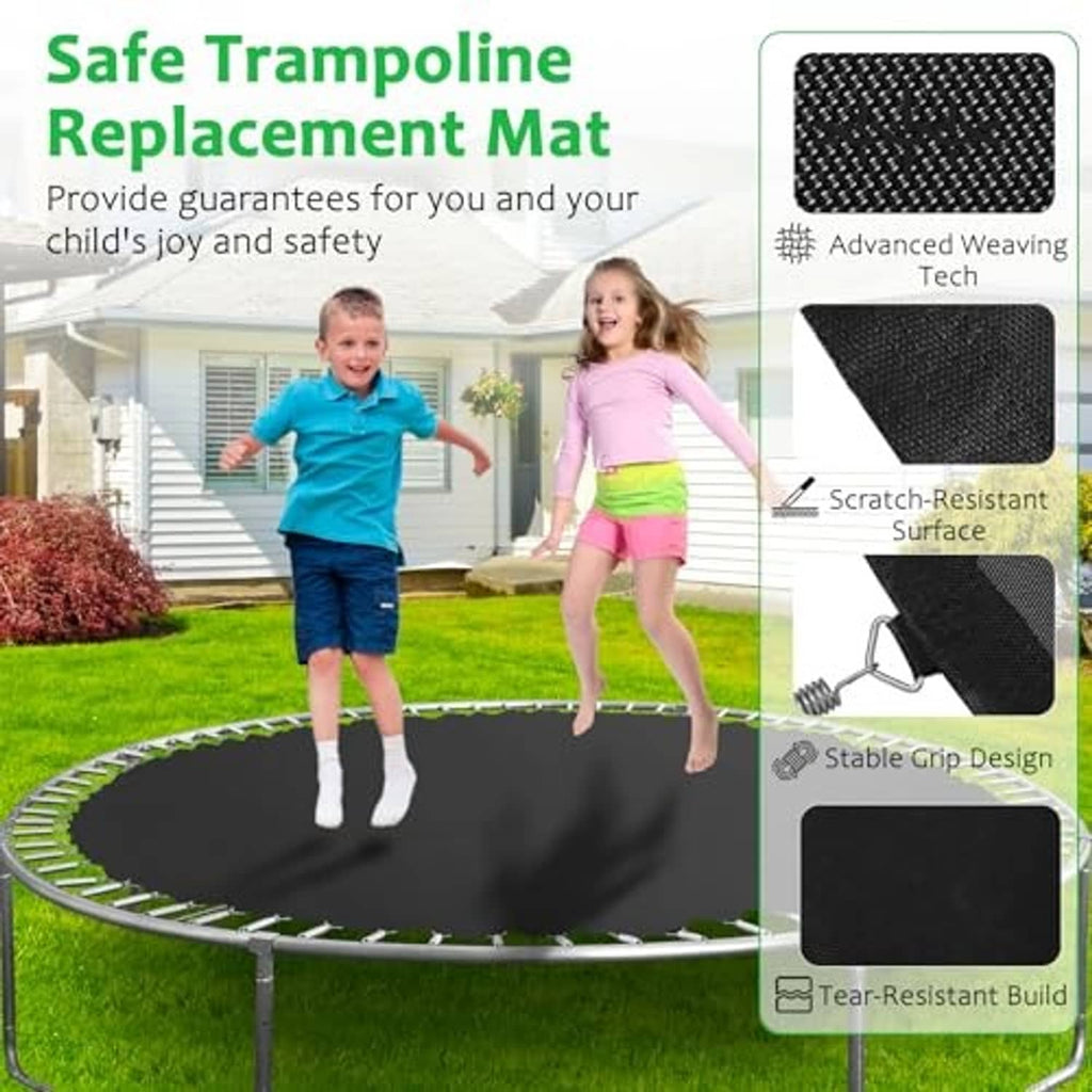 Black trampoline replacement mat with tear-resistant surface and stable grip design