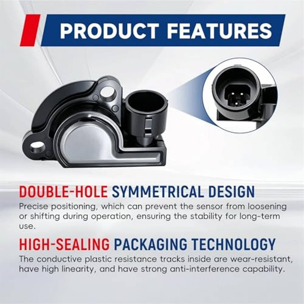 Throttle position sensor with black connector and silver circular housing, inset connector view.