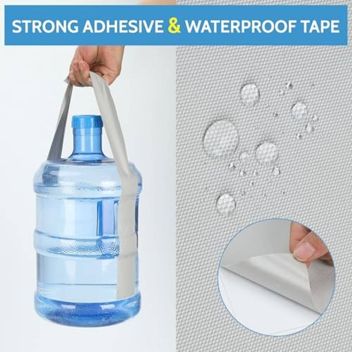 Self-adhesive waterproof repair patch with textured surface and water droplets