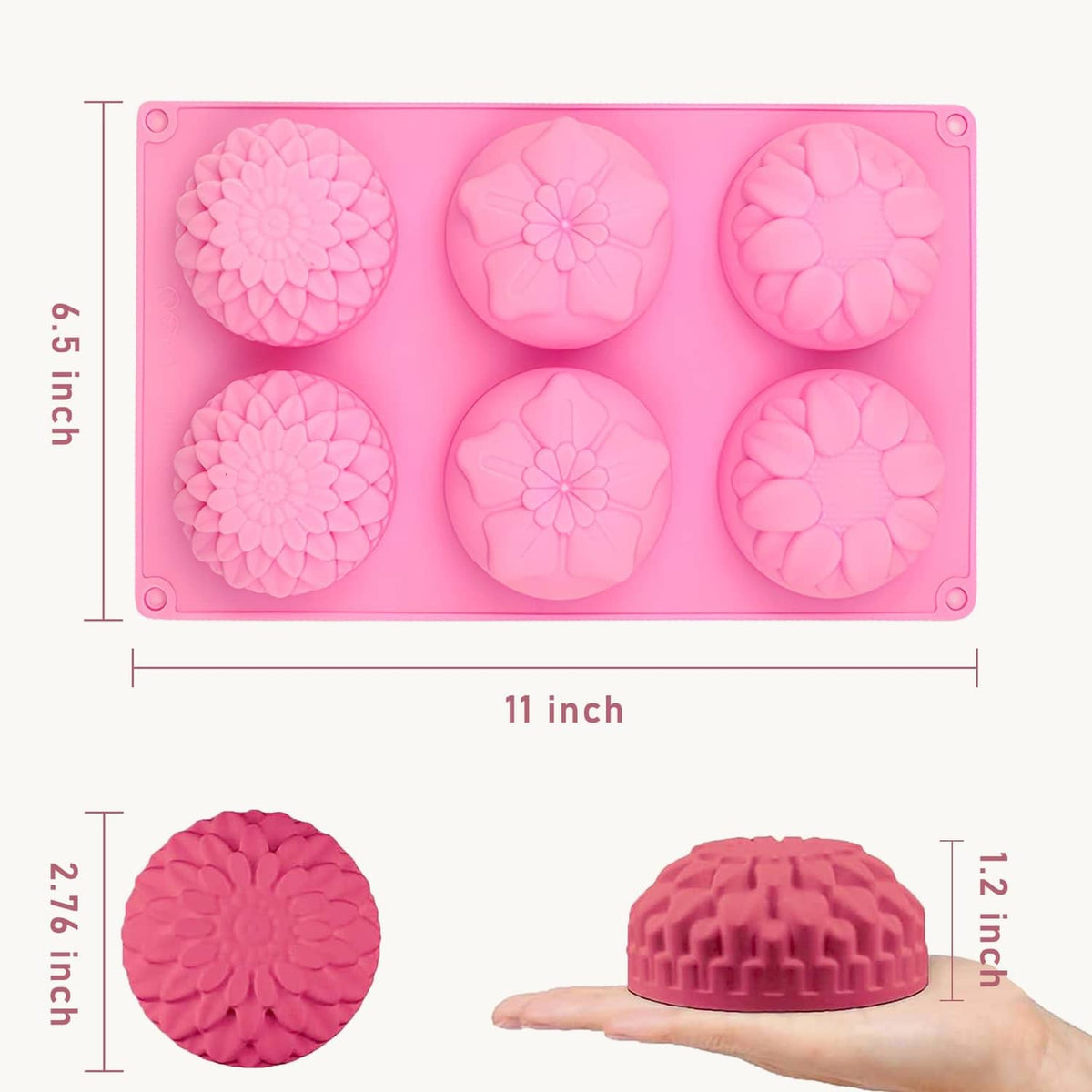 Pink silicone soap mold with six flower cavities, 11 in by 7.6 in